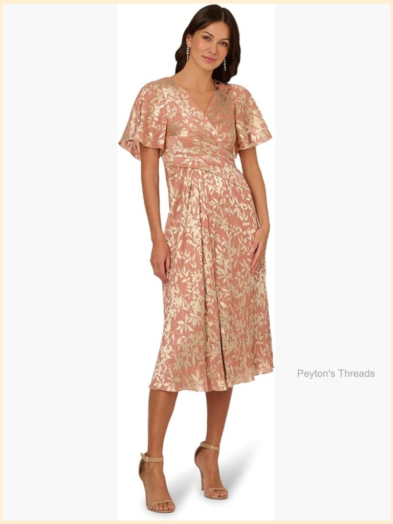 Foil Leaf Draped Midi Dress Cocktail Formal